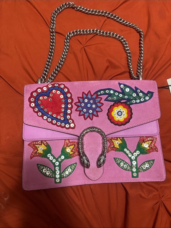 Gucci Handbags - Gucci Pink Suede Floral Embroidered Chain Shoulder Bag